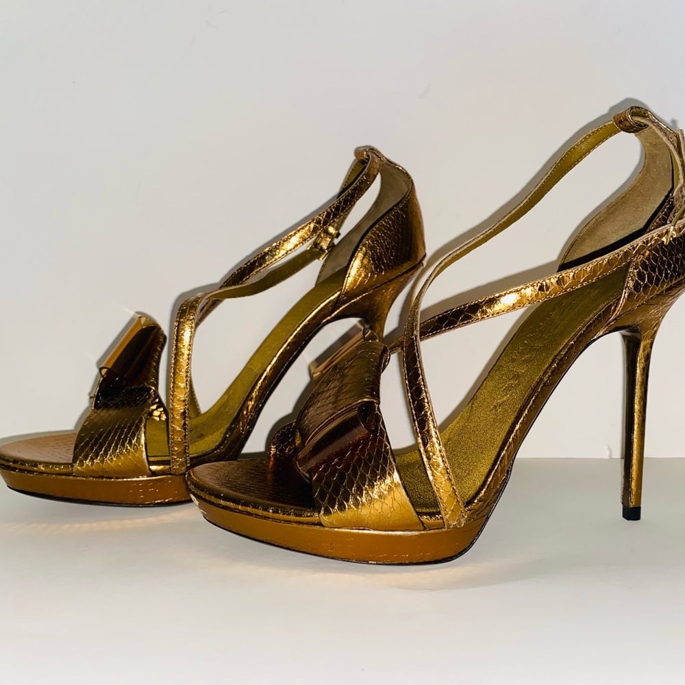 Burberry Prorsum Berkeley Snakeskin Bow Metallic Bronze High Heel Sandals Size39